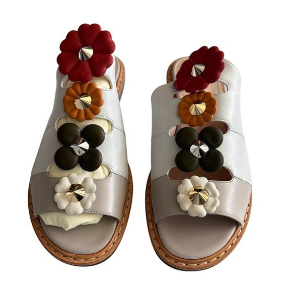 Fendi Floral-appliqué Leather Mule Sandal, Gray/multi Womens‎ Size Size 39 NWOT - Picture 1 of 4
